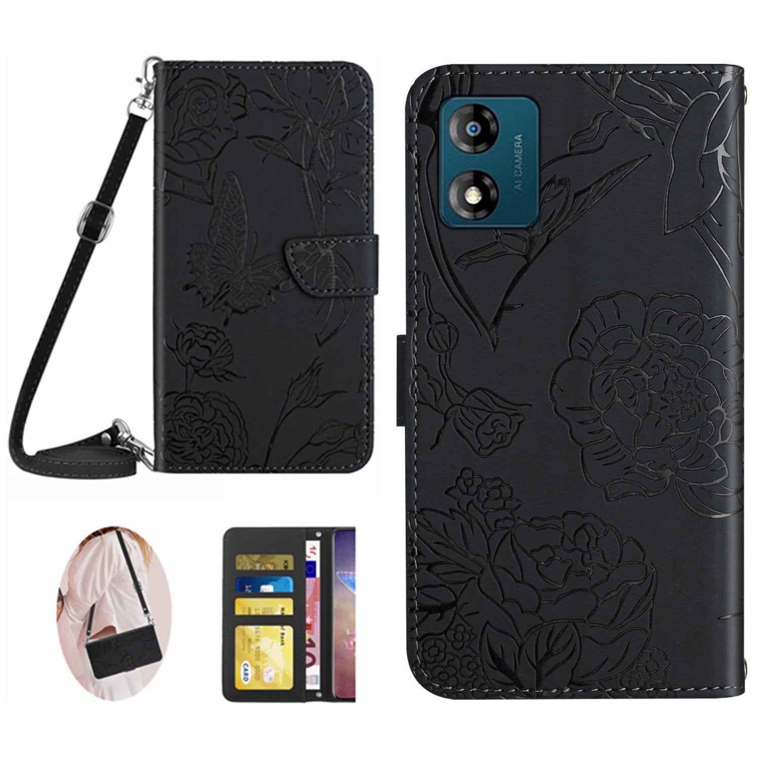 HT03 For Motorola Moto E13 4G Butterfly Flowers Imprinted Leather Wallet Case Stand Cover with Shoulder Strap HT03 For Motorola Moto E13 4G Butterfly Flowers Imprinted Leather Wallet Case Stand Cover with Shoulder Strap